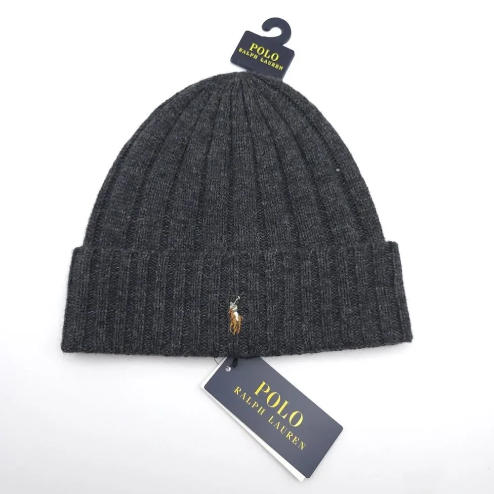 POLO‎ RALPH LAUREN New Gray Rib Knit Wool Blend Beanie Hat One Size